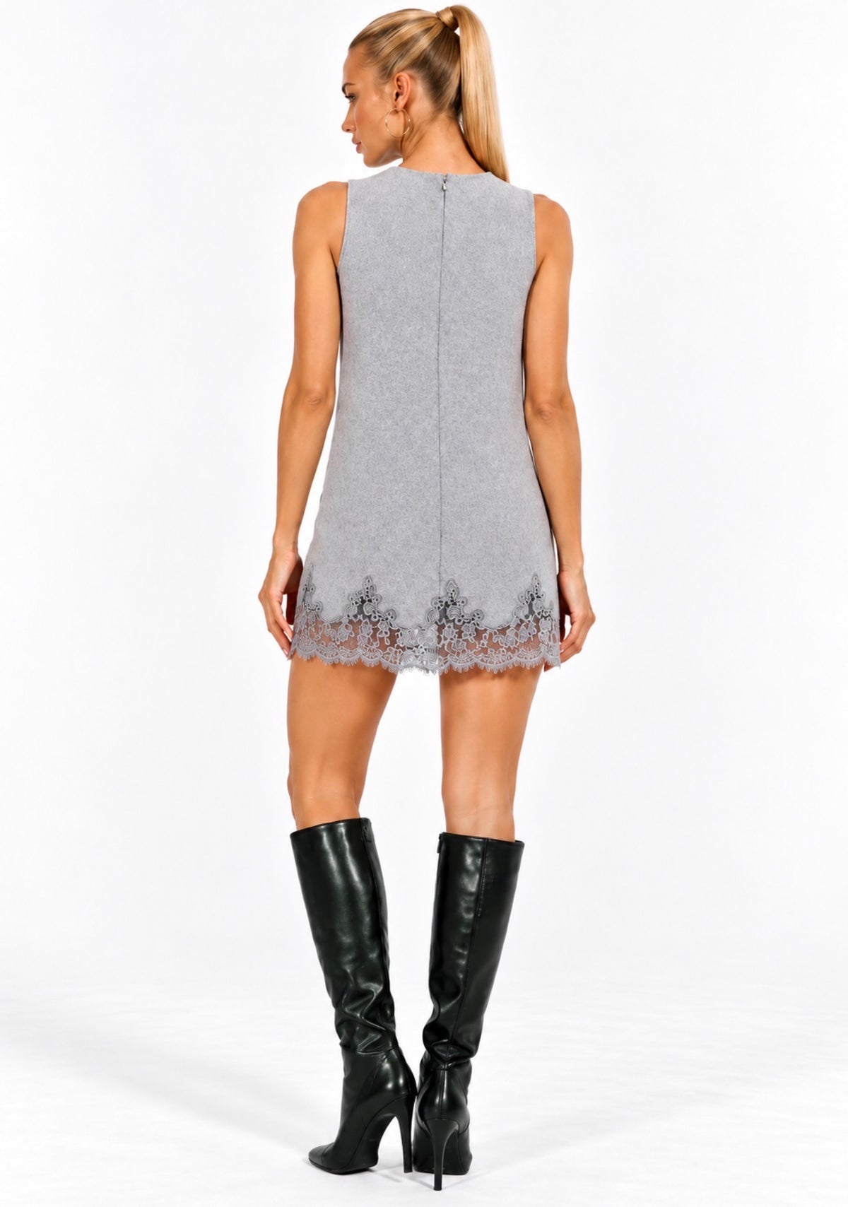Wool Flannel Shift Mini Dress With Lace Trim
