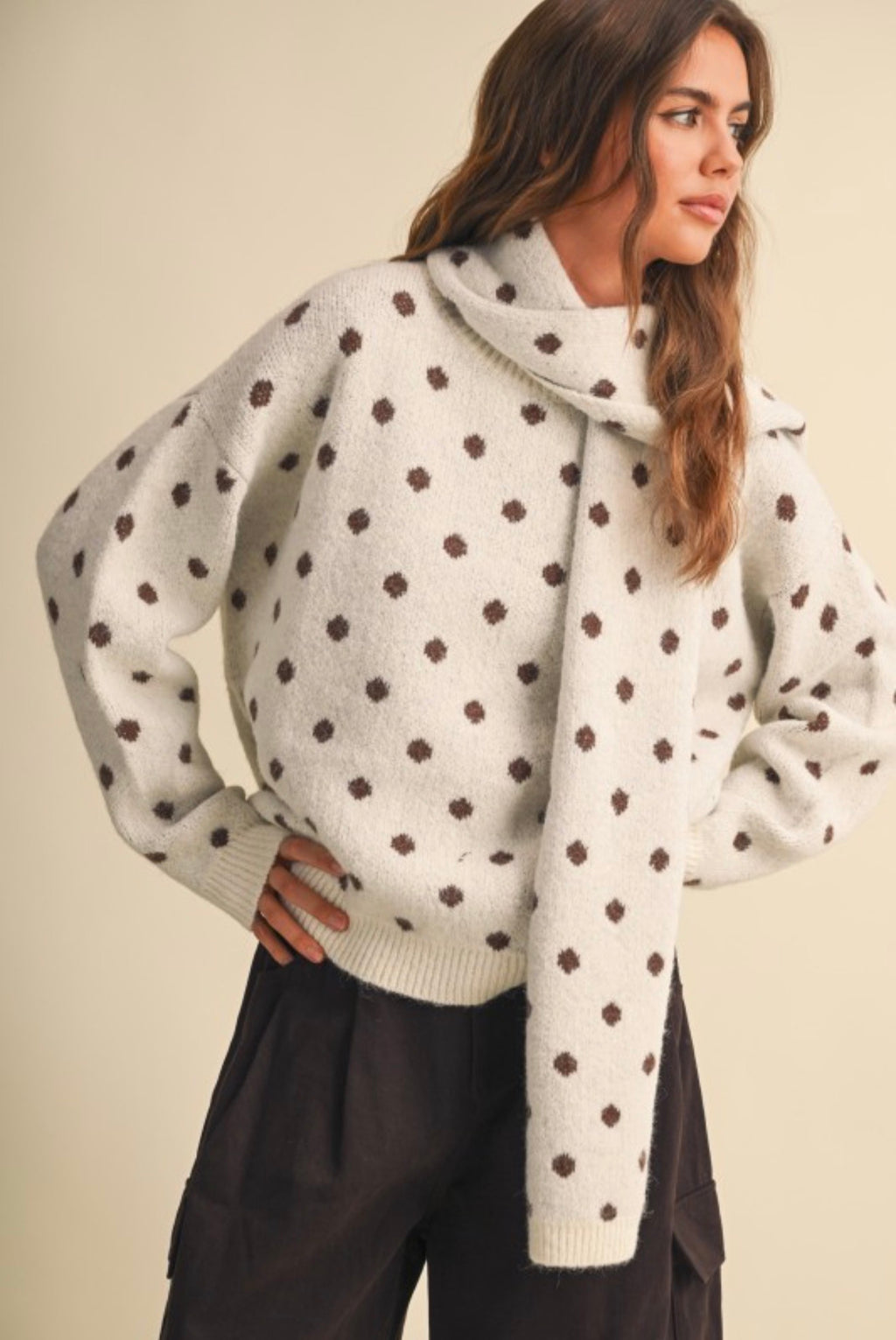 Crew Neck Pullover Dot Sweater With Scarf